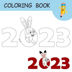 Coloring book with cartoon Rabbit among numbers 2023. Colorless and color example Hare as symbol of 2023 on coloring page. Worksheet, Greeting card, Antistress coloring with new year art for kids.