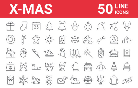 50 christmas line icon collection. Holiday symbol. Outline Xmas icons set. Editable stroke