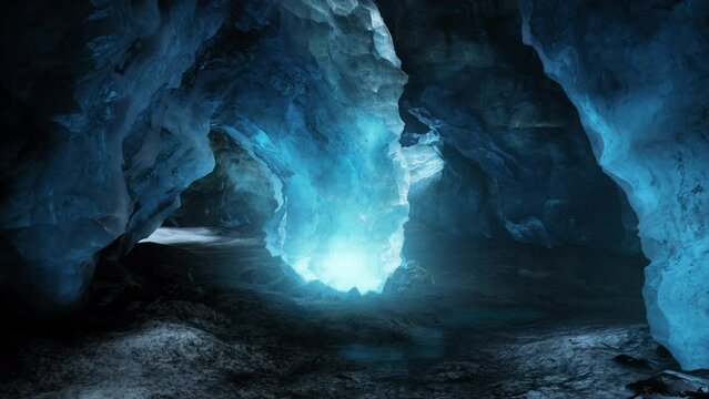 Blue crystal ice cave beneath the glacier in Iceland