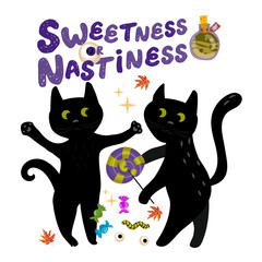 Illustration of black cats. Poster for Halloween celebration. Sweetness or nastiness.