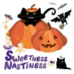 Illustration of black cats. Poster for Halloween celebration. Sweetness or nastiness. The cat is sitting in a pumpkin.