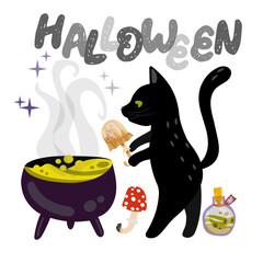 Illustration of black cats. Poster for Halloween celebration. The cat throws mushrooms into the potion vat