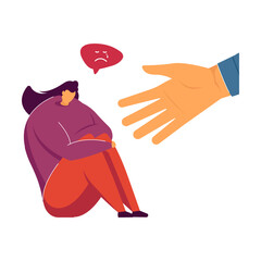 Supporting human hand helping sad woman flat vector illustration. Cartoon lonely lady sitting and hugging knees. Depression and psychology concept