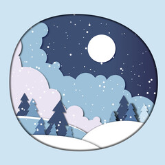 Night Background with snow covered hills in fir forest. winter night scene in paper cut style. Festive layered background with 3D realistic paper Christmas landscape and snowfall.