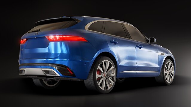 London. UK. September 10, 2022. Jaguar F-Pace R-Dynamic blue premium sports crossover. 3d rendering.