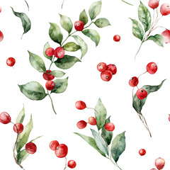 Watercolor Christmas samless pattern of red berries, leaves and branches. Hand painted winter plant isolated on white background. Illustration for design, print, fabric or background. - 541053223