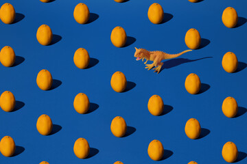 Orange egg with dinosaur on a blue background. Pattern.