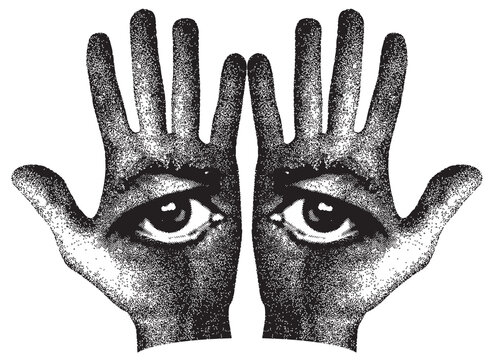 two human hands with eyes in the form of a face. Vector banner on the theme of occultism or alchemy with eyes on open palms