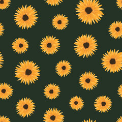 Seamless pattern with hand drawn colorful sunflower doodle style, vector illustration on green background. Bright yellow shades petals, decorative design for wrapping or packaging