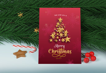 Christmas Invitation Mock Up with 3D Render of Fir Trees and Golden Stars and Mistletoe