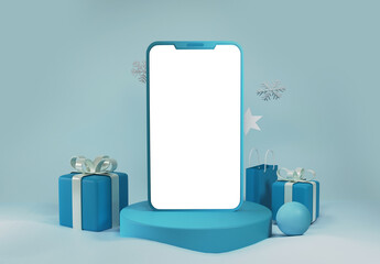 3D Render of Mobile Mock Up for Your Message with Gift Boxes and Snowflakes