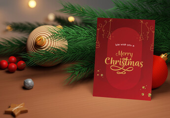 Christmas Invitation Mock Up with 3D Render of Fir Trees and Christmas Ball