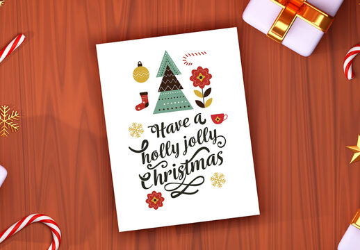 Christmas Invitation Mock Up with 3D Render of Gift Boxes and Cane and Snowflakes