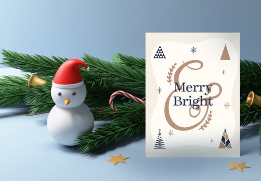 Christmas Invitation Mock Up with 3D Render of Snowman and Fir Trees and Golden Elements