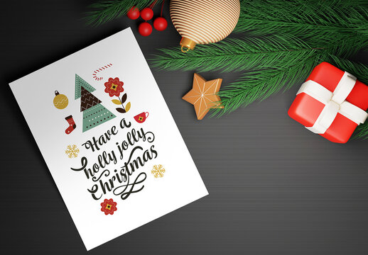 Christmas Invitation Mock Up with 3D Render of Fir Trees and Gift Box and Stars