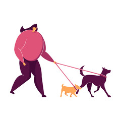 Cartoon woman walking two dogs in city park. Flat vector illustration. Female pet owner walking with dogs outdoors. Animal, pets, care, healthy lifestyle concept for banner design or landing page