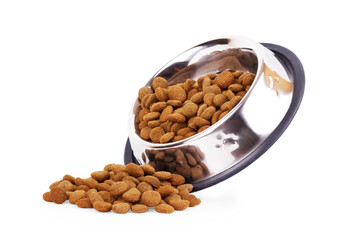 Elevated view of plastic bowl with pile of pet food on white surface