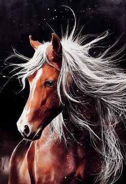Gorgeous brown horse with flowing mane on black background. Generated by Ai, is not based on any original image, character or person