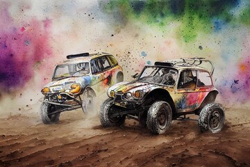 Plakat Retro style buggy racing, spattered, smudged, grunge style illustration. Generated by Ai, is not based on any specific real image or character