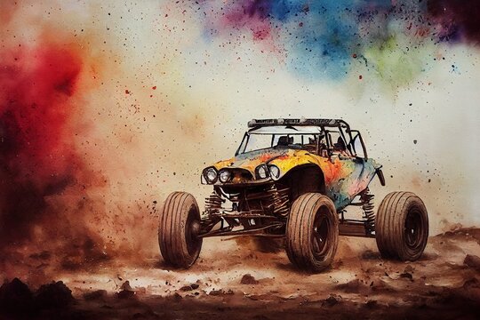 Retro style buggy racing, spattered, smudged, grunge style illustration. Generated by Ai, is not based on any specific real image or character