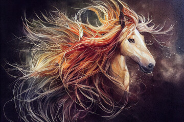 Stunning portrait of the gorgeous horse with flowing mane. Generated by Ai, is not based on any original image, character or person