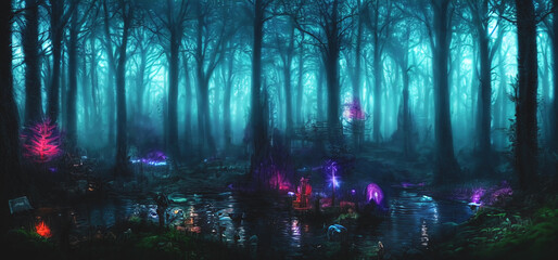 Magic fairytale fantasy painting of magic landscapes with candles and lanterns. Digital image painted dark fairytale fantasy forest in impressionism style.  Generative AI