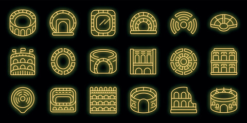Amphitheater icons set outline vector. Arena italy. Architecture building neon color on black - obrazy, fototapety, plakaty