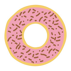 simple flat donut with pink icing and chocolate sprinkles