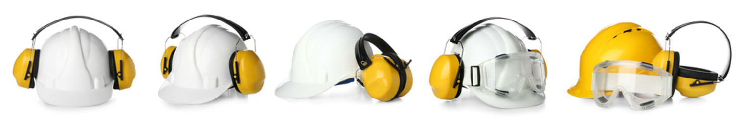 Collage of builder's headphones with hardhats and goggles on white background