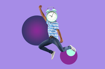 Jumping African-American teenager with alarm clock instead of his head on purple background