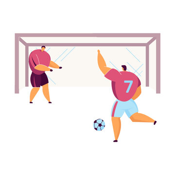 Cartoon football player kicking penalty flat vector illustration. Intense football match, decisive goal, opposing teams fiercely fighting for win on stadium. Football, soccer, playing, sport concept