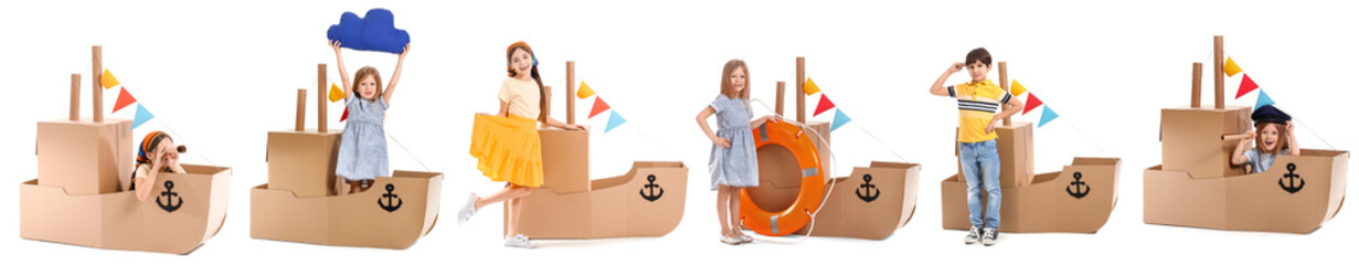 Collage of little children playing with cardboard boat on white background - Powered by Adobe