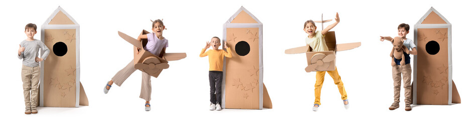 Group of little children with cardboard airplane and space rocket on white background