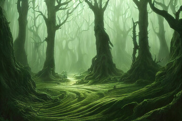 Dark fairy tale forest, twisted bare trees over mysterious foggy path. Generative AI illustration