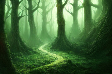 Mysterious path in spooky fairy tale forest, bare trees, ground covered with green moss. Generative AI illustration - obrazy, fototapety, plakaty