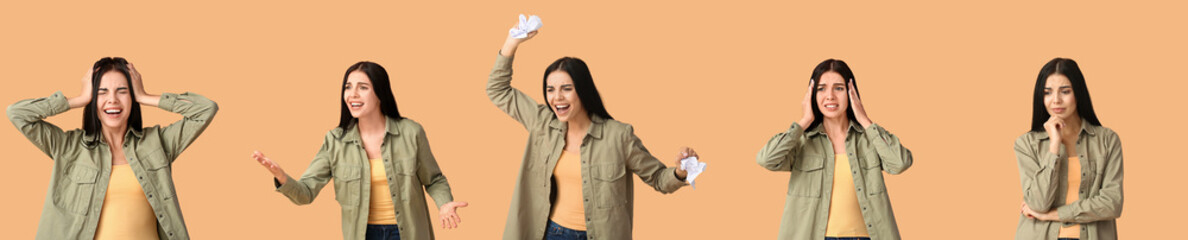 Set of stressed young woman on beige background