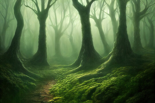 Fairy tale forest background. Mysterious path deep in enchanted woods. Generative AI illustration