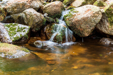 Moss-covered stones in the Ilse waterfall in Ilsenburg im Harz, Ilse Falls