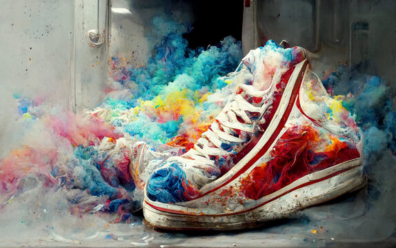 Abstract sneakers splashed with paint. Design and art