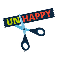Scissors cutting word UNHAPPY on the sticker letters off to get HAPPY. Flat vector illustration