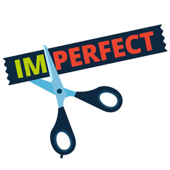 Scissors cutting word IMPERFECT on the sticker letters off to get PERFECT. Flat vector illustration