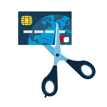 Cut Credit Card With Scissors. For Stop To Pay Money Protect Crisis Cost. Flat Vector Illustration. 