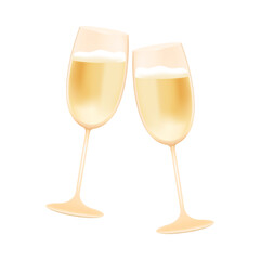 Two glasses of champagne with foam 3D icon. Three-dimensional glass with alcoholic drink for party vector illustration on white background. Alcohol, celebration concept