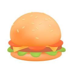Hamburger or cheeseburger 3D icon. Three dimensional sandwich with bread or buns, tomatoes, patty, cheese and lettuce vector illustration on white background. Fast or junk, diet, nutrition concept