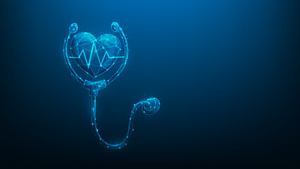 heart and line pulse with stethoscope digital technology. healthcare and medical hologram low poly wireframe. Doctor concept and physical examination.  hospital and treatment blue dark background.