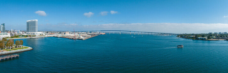 Fototapeta na wymiar Panorama aerial view of Coronado Bridge with San Diego skyline, USA.