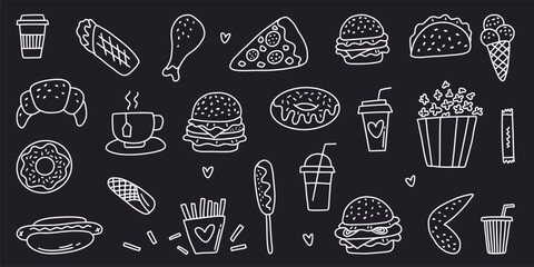 Vector set of fast food food drawn with a hand-drawn line in the style of a doodle.