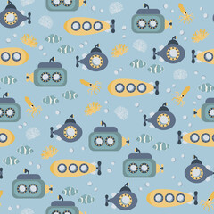 Vector seamless pattern with submarine, clownfish, squid, algae.Underwater cartoon creatures.Marine background.Cute ocean pattern for fabric, childrens clothing,textiles,wrapping paper