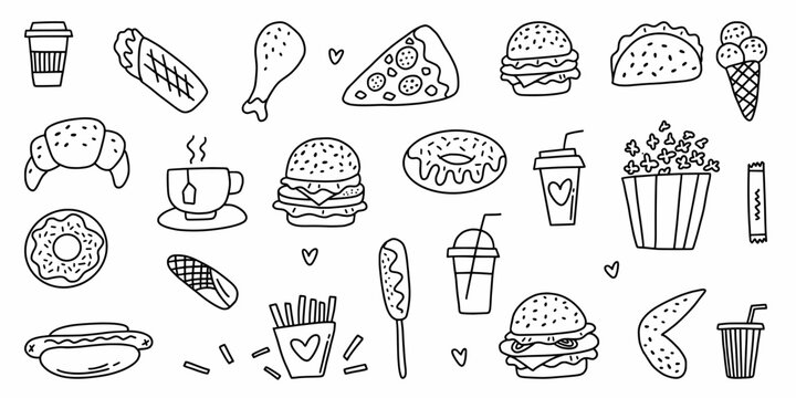Vector set of fast food food drawn with a hand-drawn line in the style of a doodle.