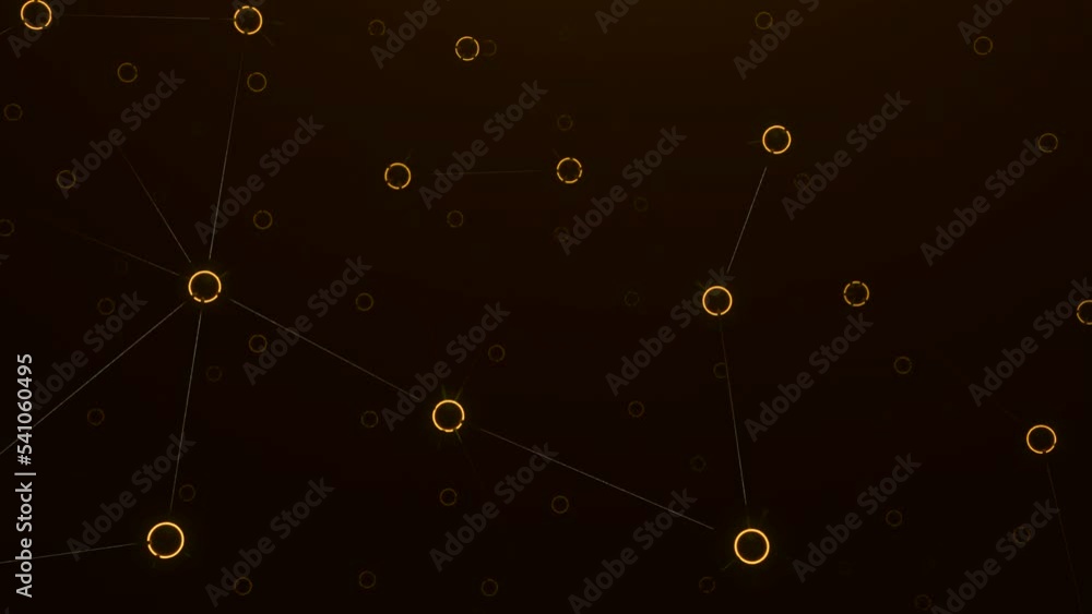 Poster green and orange dark background. design.connected highlighting circles in abstraction that fly in d